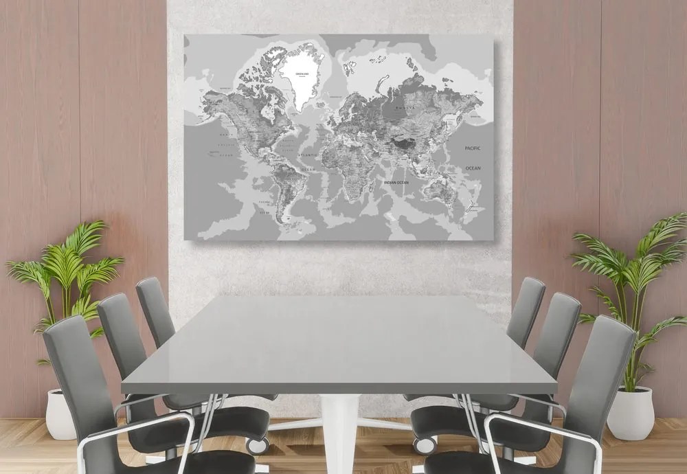 Εικόνα στο φελλό ενός κλασικού παγκόσμιου χάρτη σε ασπρόμαυρο - 120x80  wooden