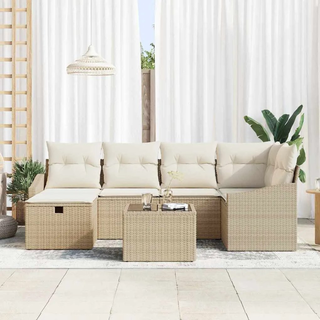 vidaXL Σετ Καναπέ Κήπου 7 pcs Μπεζ, Κρέμα Πολυ rattan, βαμμένο ατσάλι