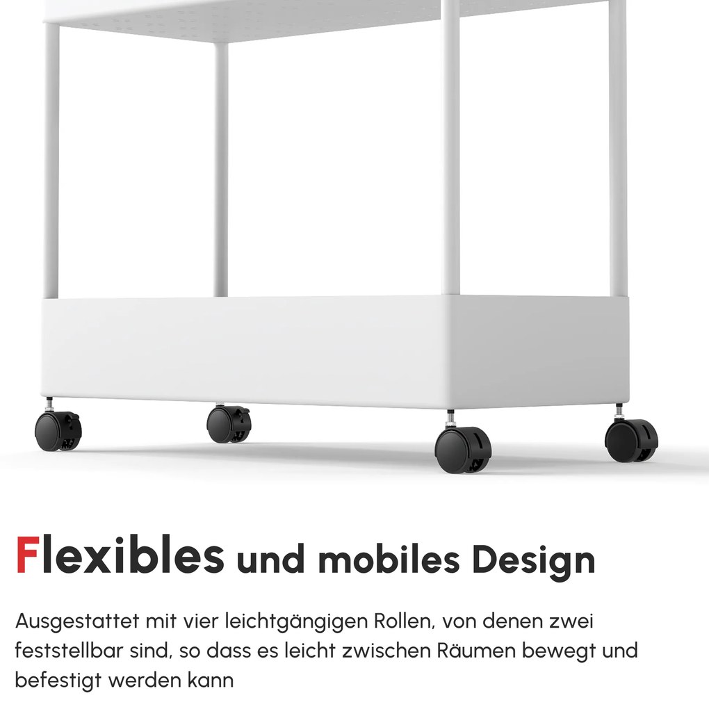 HOMCOM Τροχήλατο καρότσι κουζίνας με 4 ράφια, 4 ευέλικτες κρεμάστρες, 4 τροχούς, 40 cm x 19 cm x 90 cm, λευκό