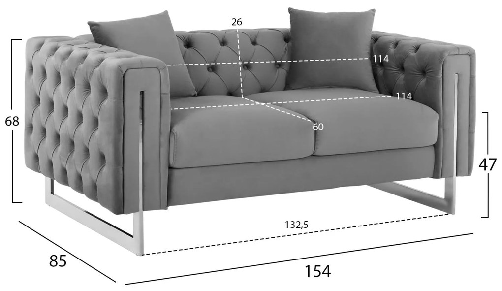 ΚΑΝΑΠΕΣ τ.CHESTERFIELD MOBAR  ΓΚΡΙ ΒΕΛΟΥΔΟ-ΜΕΤΑΛΛΙΚΑ ΠΟΔΙΑ 154x85x68Υεκ