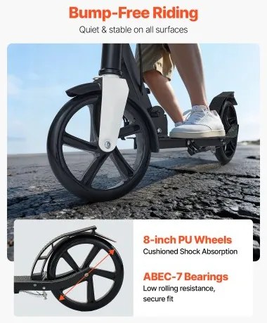 VEVOR Kick Scooter for Kids Ages 8+, Teens &amp; Adults, 2-Wheel Toddler Scooter with Adjustable Height Handlebar, Wide Anti-Slip Deck, Foldable Lightweight for Boys &amp; Girls up to 99.8 kg, Black + Silver