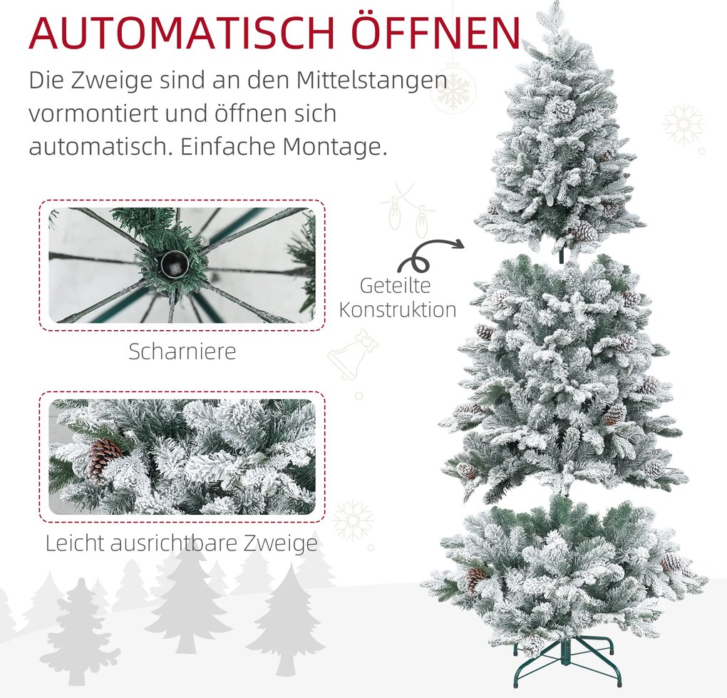 HOMCOM Χριστουγεννιάτικο Δέντρο, Τεχνητό Χιόνι & Κουκουνάρια, ρεαλιστικό, πυράντοχο, μεταλλική βάση, 183 cm, Πράσινο