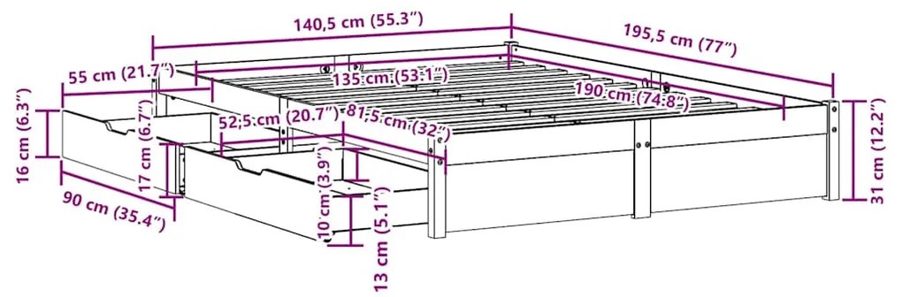 ΣΚΕΛΕΤΟΣ ΚΡΕΒΑΤΙΟΥ ΧΩΡΙΣ ΣΤΡΩΜΑ 135X190 ΕΚ ΜΑΣΙΦ ΞΥΛΟ ΠΕΥΚΟΥ 3301652