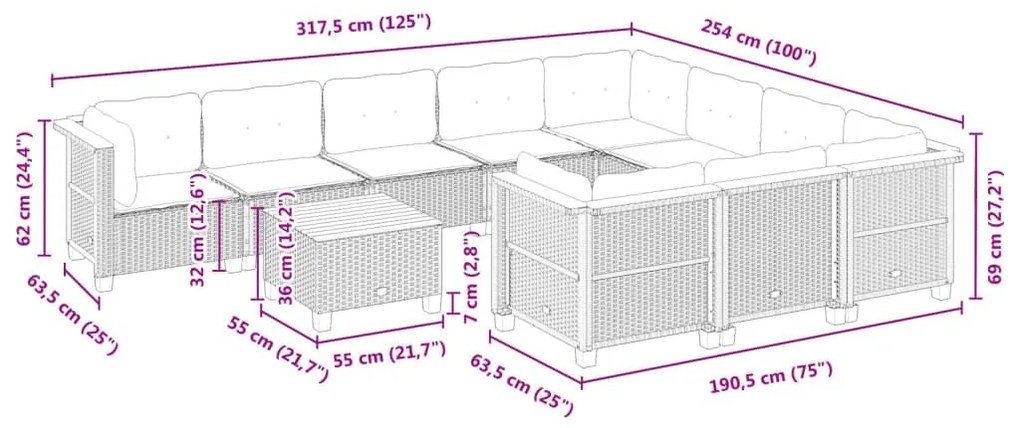 Σαλόνι Κήπου 11 Τεμαχίων Γκρι από Συνθετικό Ρατάν με Μαξιλάρια - Γκρι