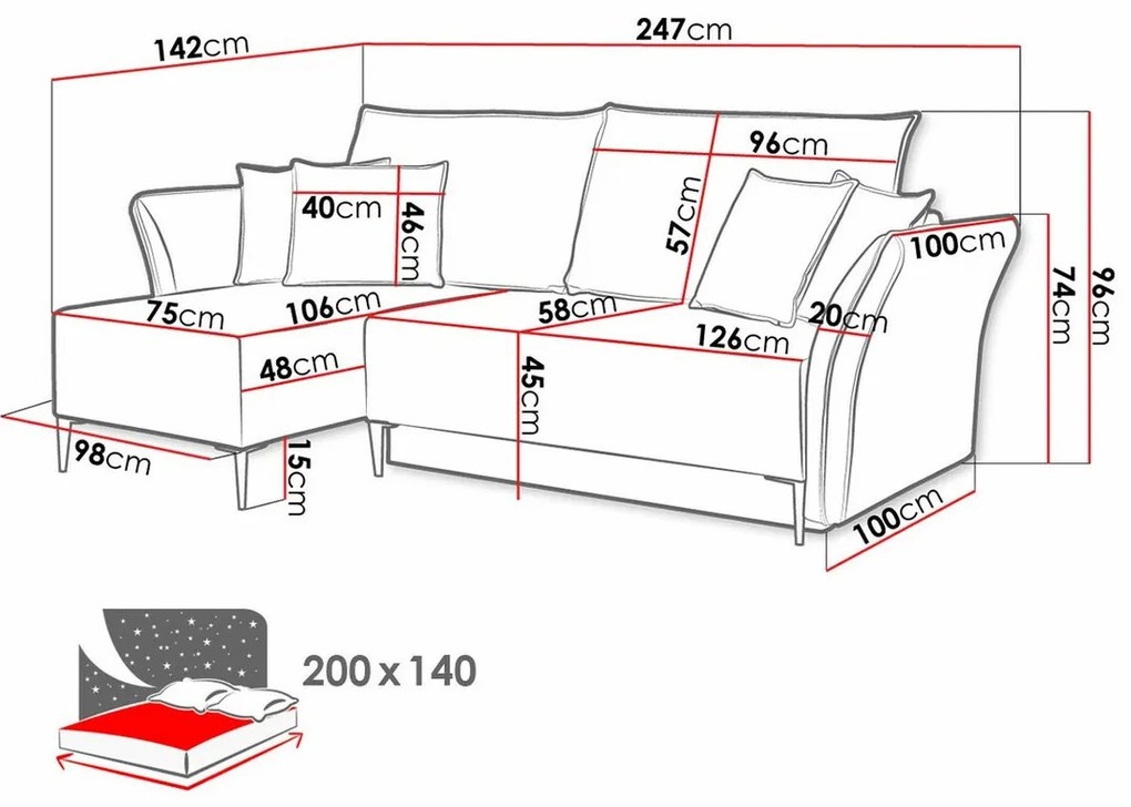 Γωνιακός Καναπές Providence 146, Λειτουργία ύπνου, Αποθηκευτικός χώρος, 247x142x96cm, 123 kg, Πόδια: Μέταλλο | Epipla1.gr