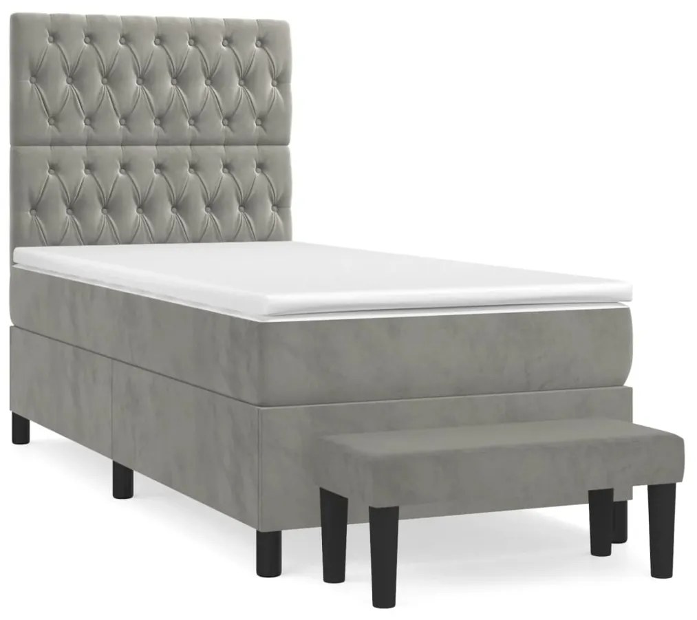 vidaXL Κρεβάτι Boxspring με Στρώμα Ανοιχτό Γκρι 90x190 εκ. Βελούδινο