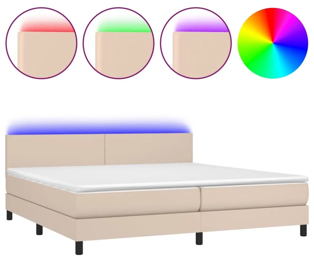 Κρεβάτι Boxspring Στρώμα&amp;LED Καπουτσίνο 200x200 εκ. Συνθ. Δέρμα - Καφέ