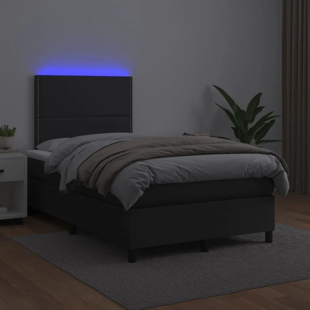 Κρεβάτι Boxspring με Στρώμα &amp; LED Μαύρο 120x200 εκ. Συνθ. Δέρμα - Μαύρο