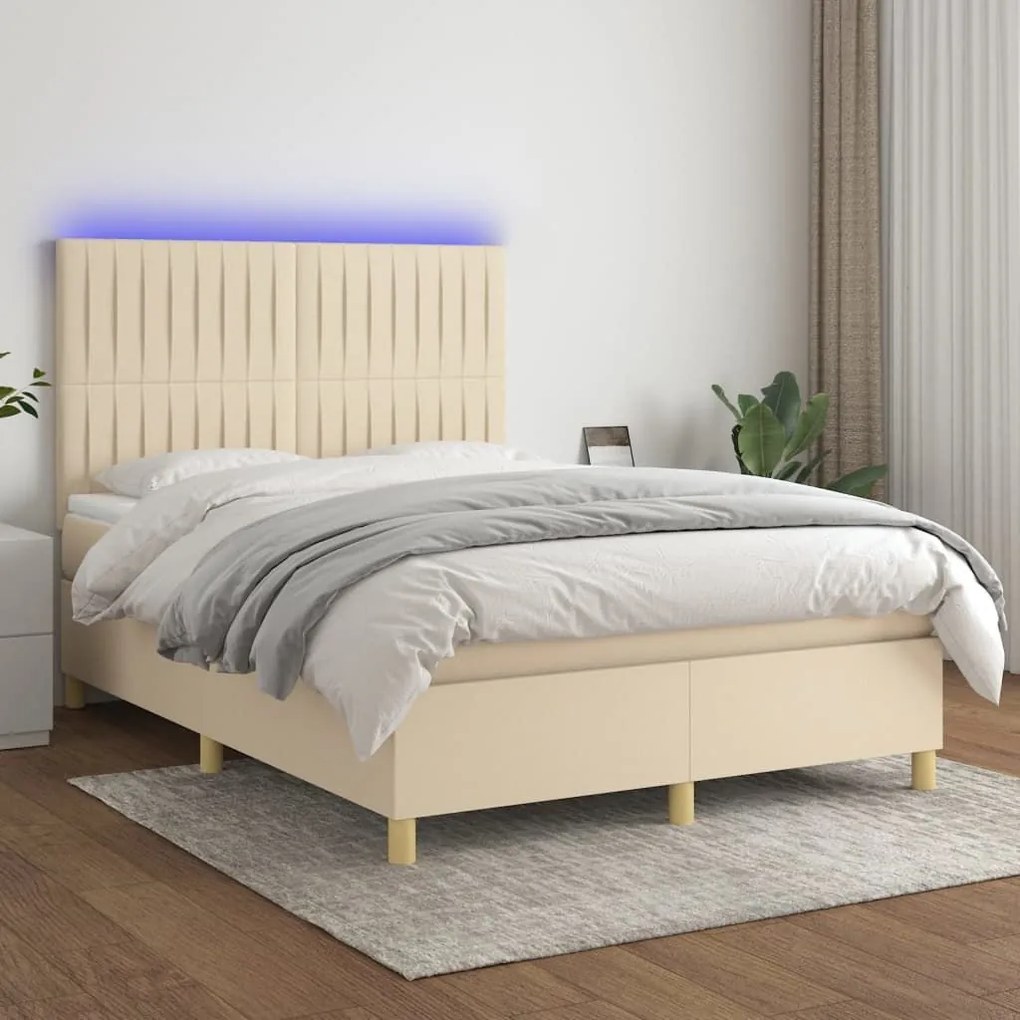 ΚΡΕΒΑΤΙ BOXSPRING ΜΕ ΣΤΡΩΜΑ &amp; LED ΚΡΕΜ 140X190 ΕΚ. ΥΦΑΣΜΑΤΙΝΟ 3135594