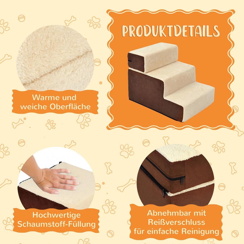 PawHut Σκαλοπάτια για Κατοικίδια Σκαλοπάτια Σκύλου Σκαλοπάτια Γάτας 3 Σκαλοπάτια για Γάτες και Σκύλους Βελούδο Μπεζ 54 x 40 x 39cm