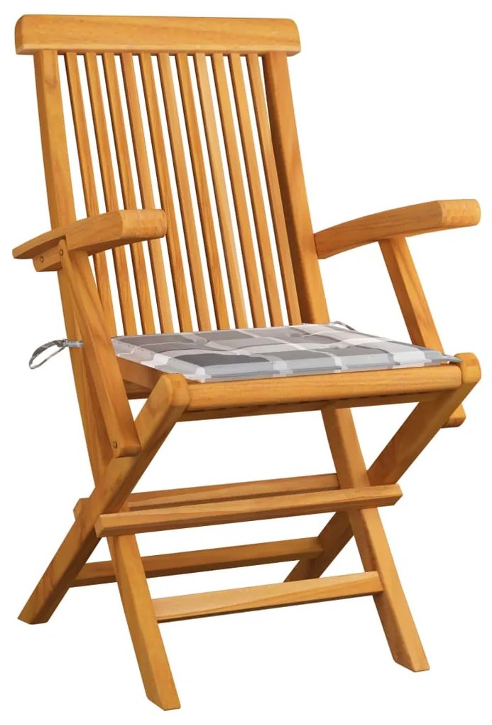 vidaXL Καρέκλες Κήπου 6 τεμ. Μασίφ Ξύλο Teak με Γκρι Καρό Μαξιλάρια