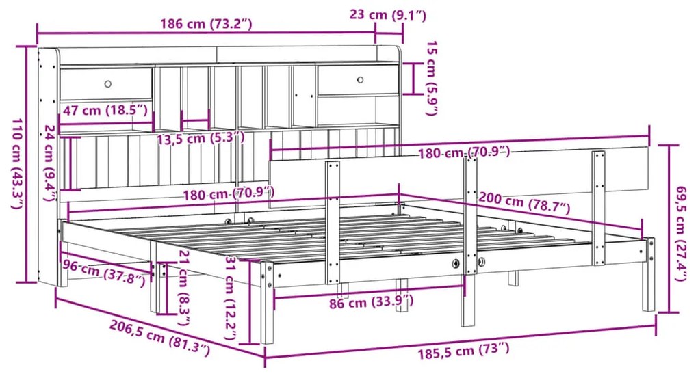 Κρεβάτι Βιβλιοθήκη Χωρίς Στρώμα 180x200 εκ Μασίφ Ξύλο Πεύκου - Λευκό