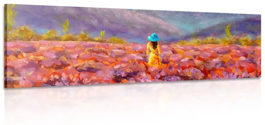 Εικόνα ενός κοριτσιού με ένα κίτρινο φόρεμα σε ένα χωράφι λεβάντας - 150x50