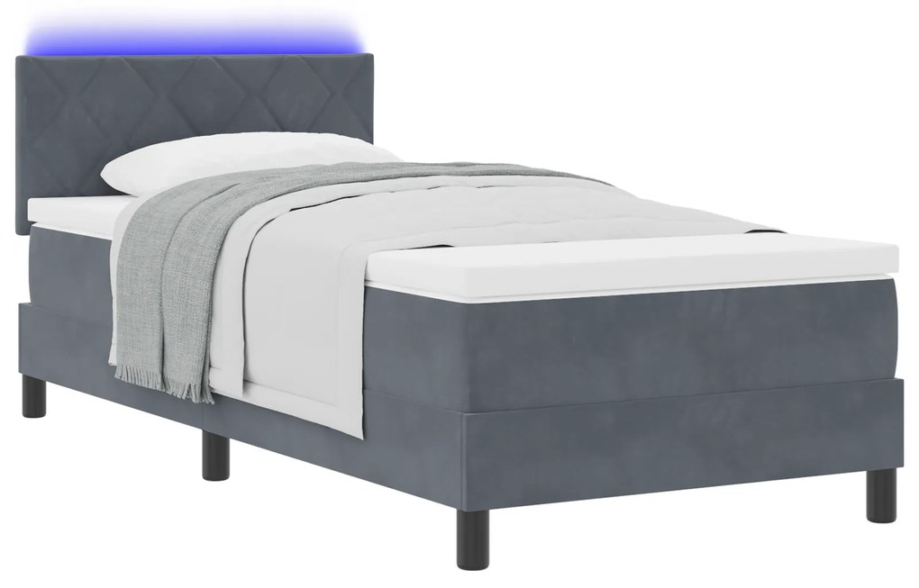 vidaXL Κρεβάτι Box Spring με Στρώμα & LED Σκούρο Γκρι 100x200 εκ. Βελούδινο