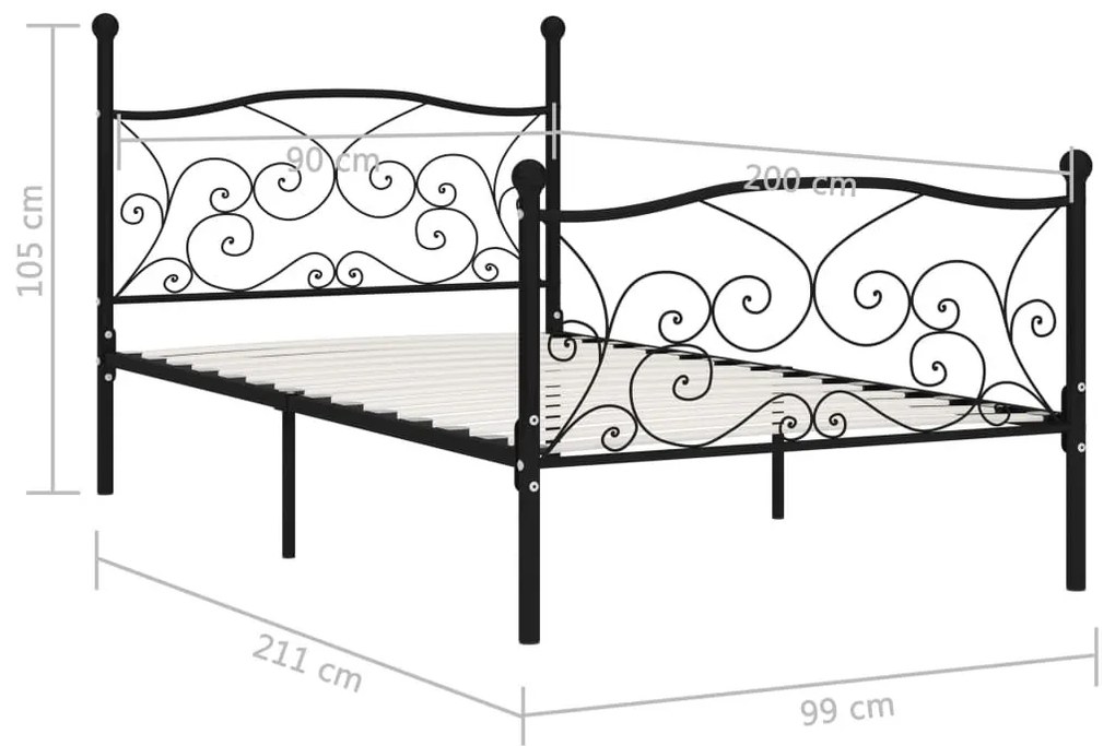 Πλαίσιο Κρεβατιού με Τελάρο Μαύρο 90 x 200 εκ. Μεταλλικό - Μαύρο
