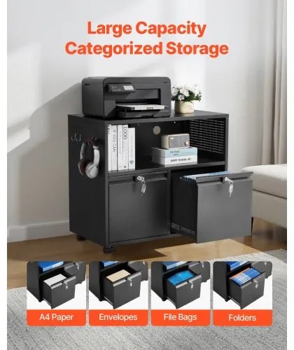 VEVOR 2 Drawers Lateral Metal File Cabinet with Lock and Hanging Rod Black