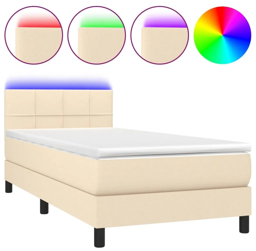 vidaXL Κρεβάτι Boxspring με Στρώμα & LED Κρεμ 90x200 εκ. Υφασμάτινο