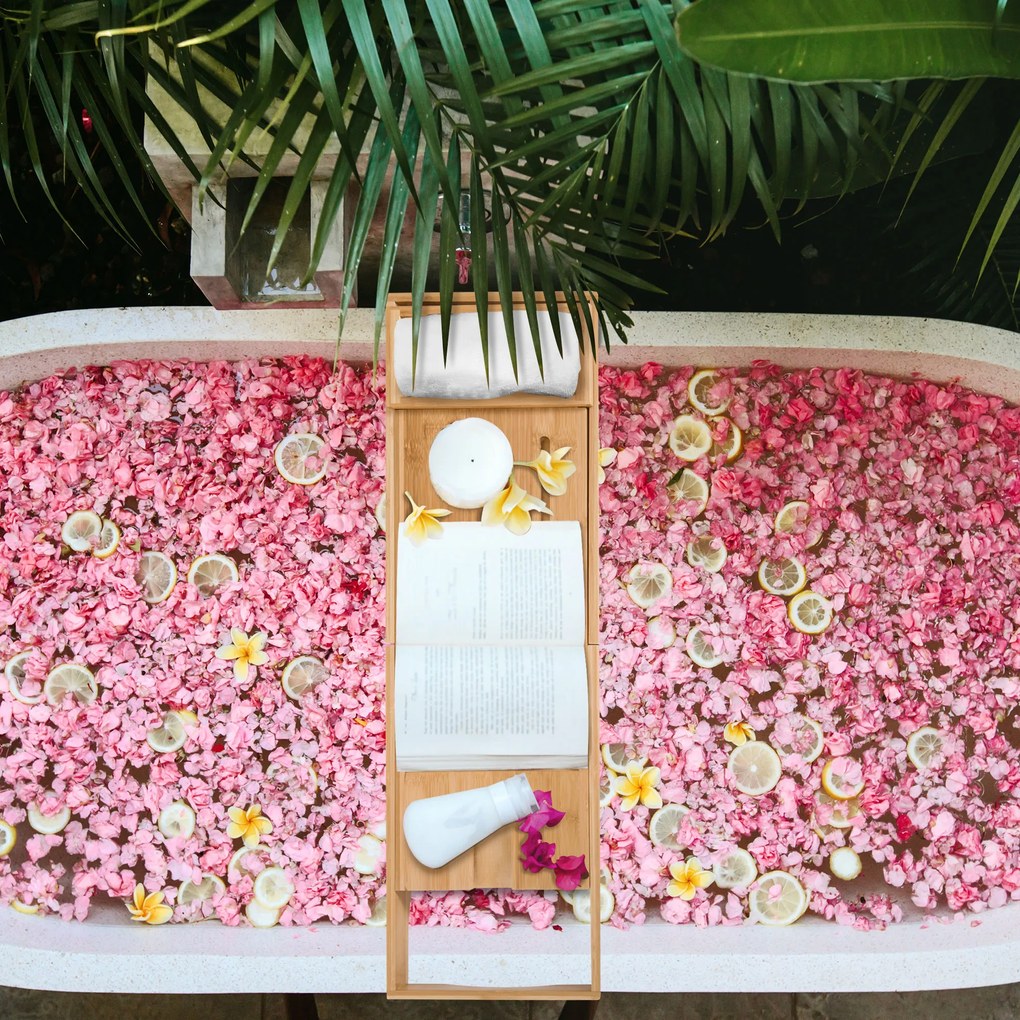 HOMCOM Επιτοίχιο μπάνιου από μπαμπού, ρυθμιζόμενο ταψί μπάνιου για βιβλίο, iPad, τηλέφωνο, SPA