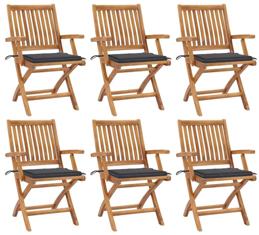 Καρέκλες Κήπου Πτυσσόμενες 6 τεμ. Μασίφ Ξύλο Teak με Μαξιλάρια - Ανθρακί