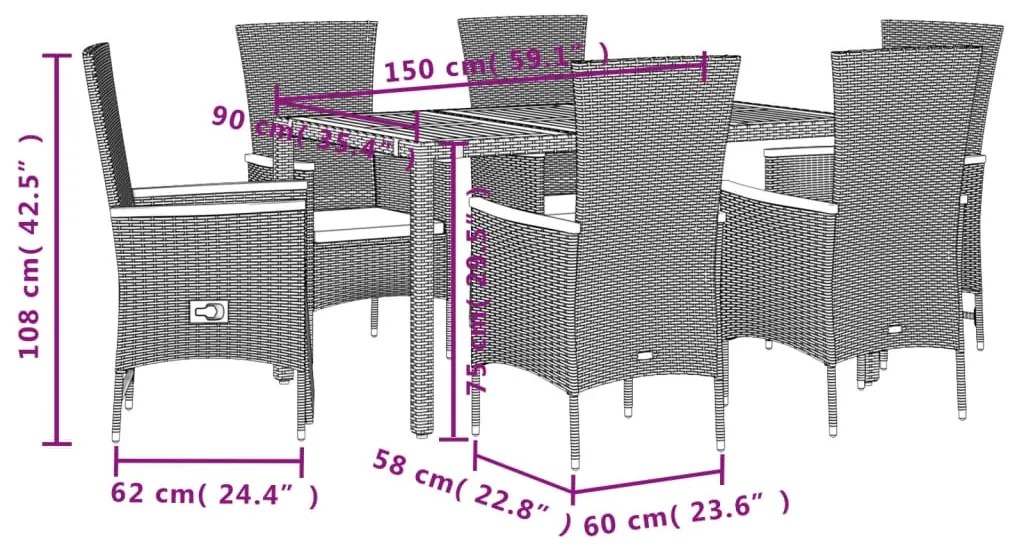 vidaXL Σετ Τραπεζαρίας Κήπου 7 Τεμ. Μαύρο Συνθετικό Ρατάν με Μαξιλάρια