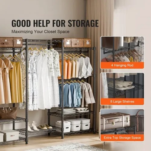 VEVOR Heavy Duty Clothes Rack, Rolling Clothing Garment Rack with 4 Hang Rods &amp; 8 Storage Tiers, Adjustable Custom Closet Rack, Freestanding Wardrobe for Hanging Clothes, 800 lbs Load Capacity