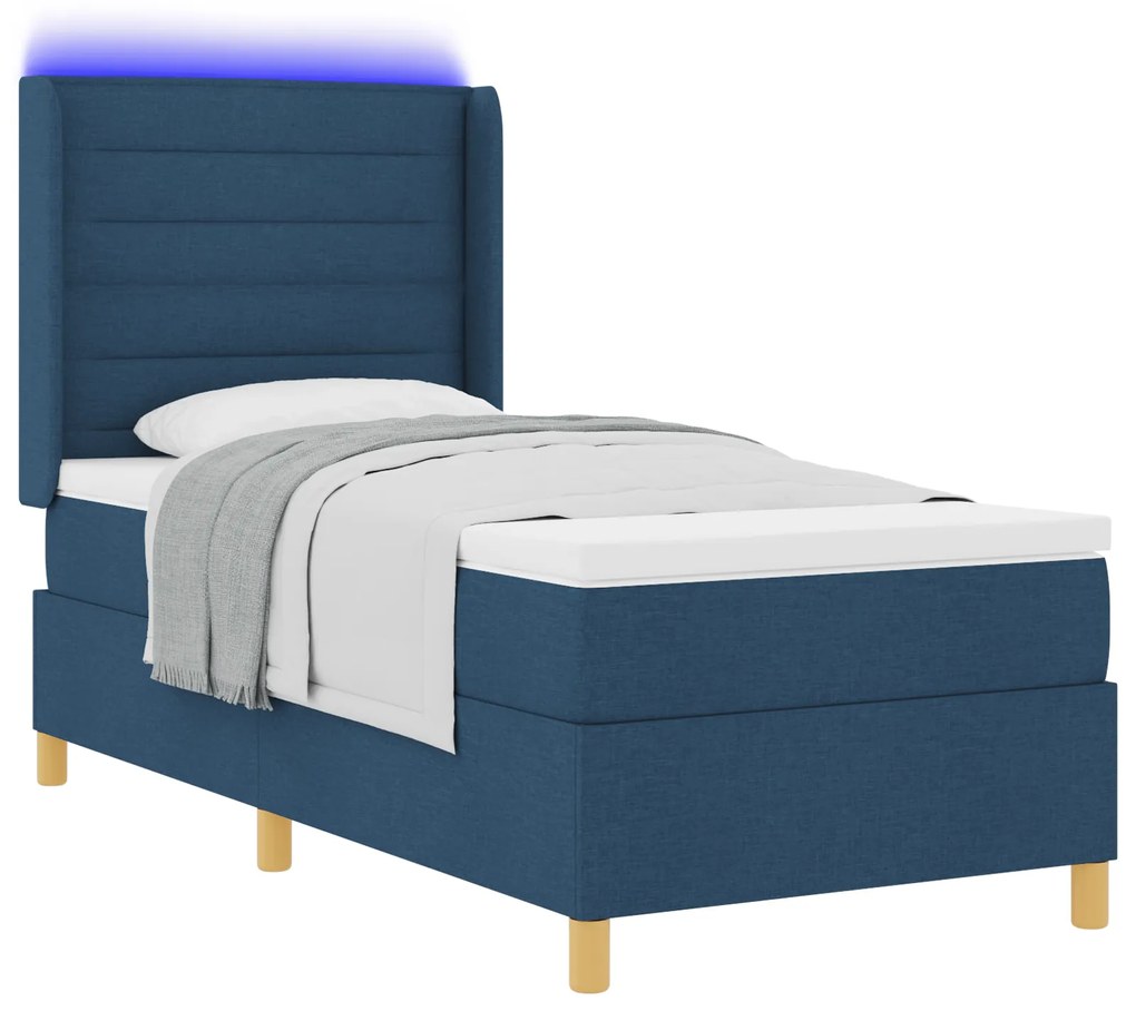 vidaXL Κρεβάτι με ελατήριο και στρώμα & LED Μπλε 100x200 εκ Υφάσμα