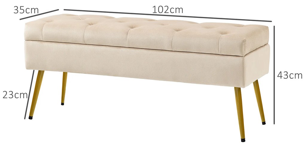 HOMCOM Αποθηκευτικό παγκάκι από βελούδο, ταπετσαρισμένο σκαμπό με σχέδιο καπιτονέ, μεταλλικό πλαίσιο, 102 x 35 x 43 cm, Μπεζ