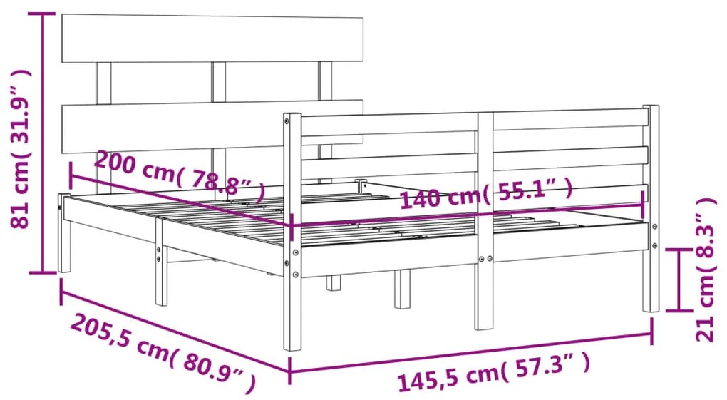 Πλαίσιο Κρεβατιού με Κεφαλάρι 140x200 εκ. από Μασίφ Ξύλο - Καφέ