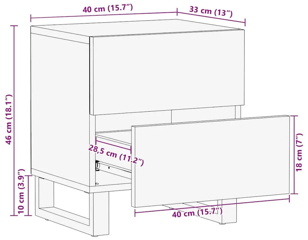 Κομοδίνο Μαύρο 40 x 33 x 46 εκ. από Μασίφ Ξύλο Μάνγκο - Μαύρο