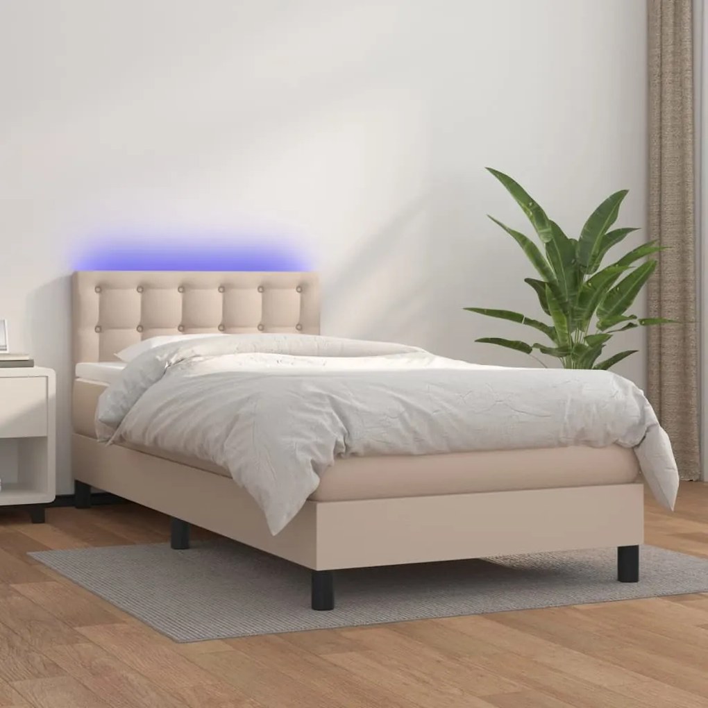 vidaXL Κρεβάτι Boxspring Στρώμα&LED Καπουτσίνο 100x200 εκ. Συνθ. Δέρμα