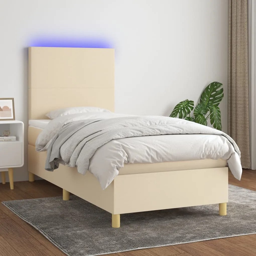 vidaXL Κρεβάτι Boxspring με Στρώμα & LED Κρεμ 90x190 εκ. Υφασμάτινο