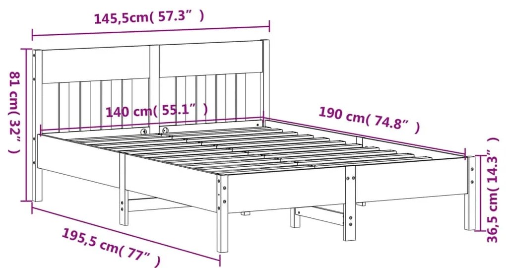 Σκελετός Κρεβατιού Χωρίς Στρώμα Καφέ 140x190 Μασίφ Ξύλο Πεύκου - Καφέ