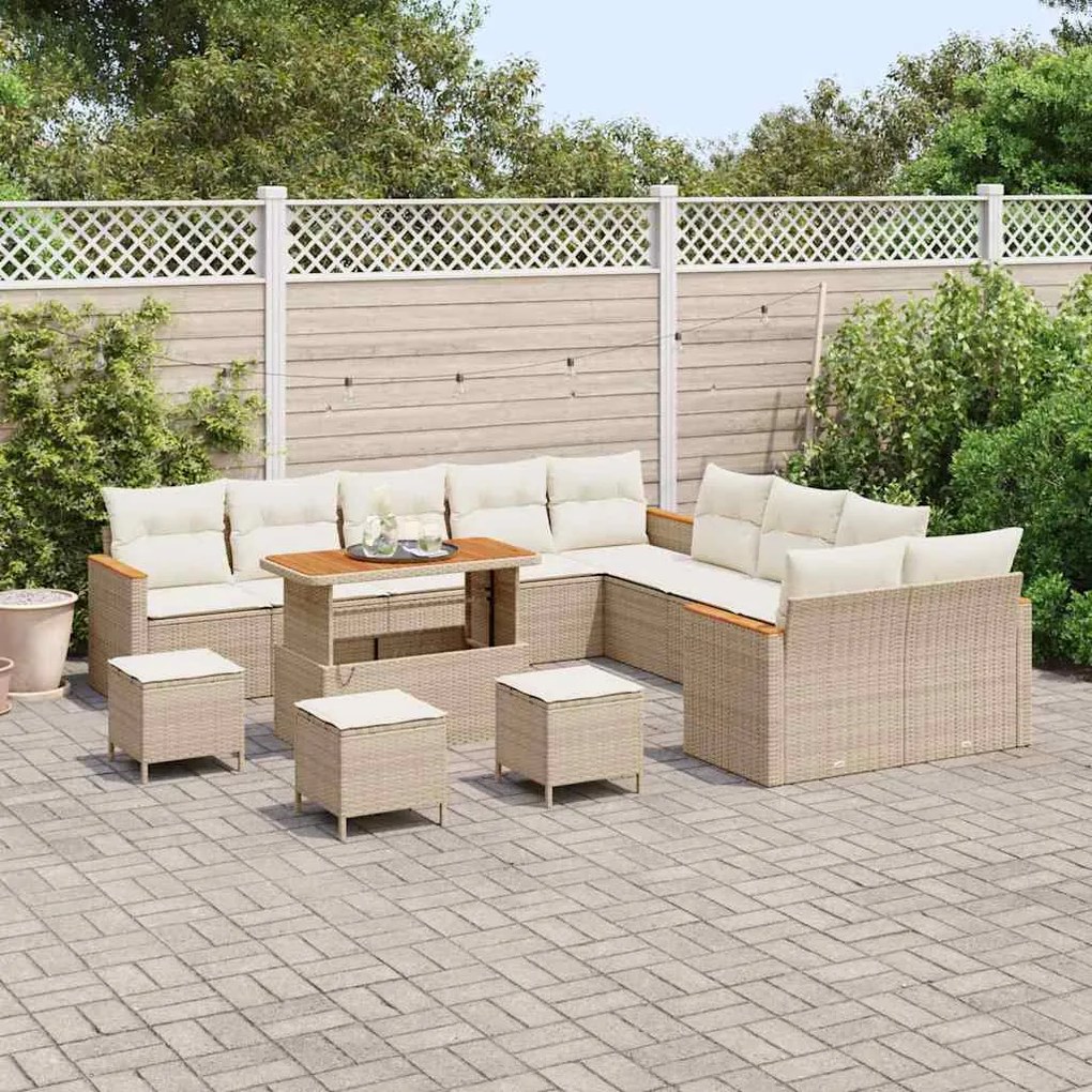 vidaXL Σετ Καναπέ Κήπου με μαξιλάρι 14 pcs Μπεζ Πολυ ράταν