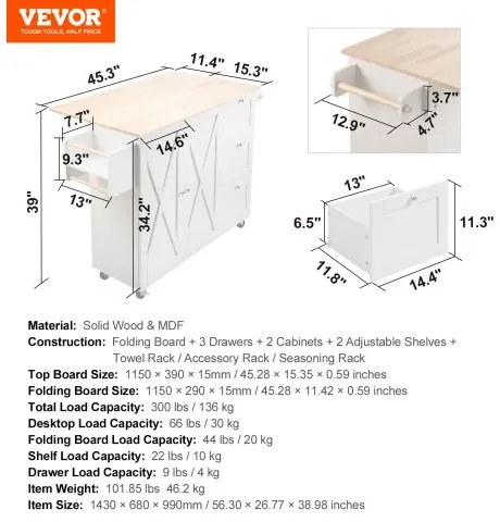 VEVOR Kitchen Island Cart with Solid Wood Top, 45.3&quot; Width Mobile Carts with Storage Cabinet, Rolling Kitchen Table with Spice Rack, Towel Rack, Drop Leaf and Drawer, Portable Islands on Wheels, White