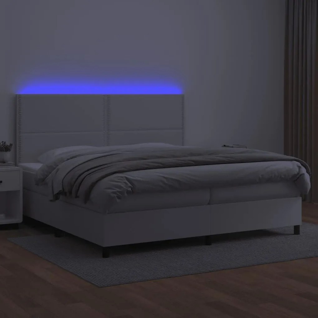 Κρεβάτι Boxspring με Στρώμα &amp; LED Λευκό 200x200 εκ. Συνθ. Δέρμα - Λευκό