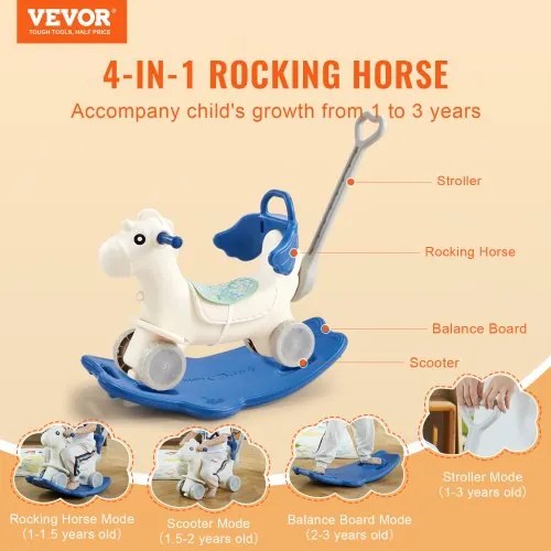 VEVOR 4 in 1 Rocking Horse for Toddlers 1-3 Years Ride on Toy with Sound Blue