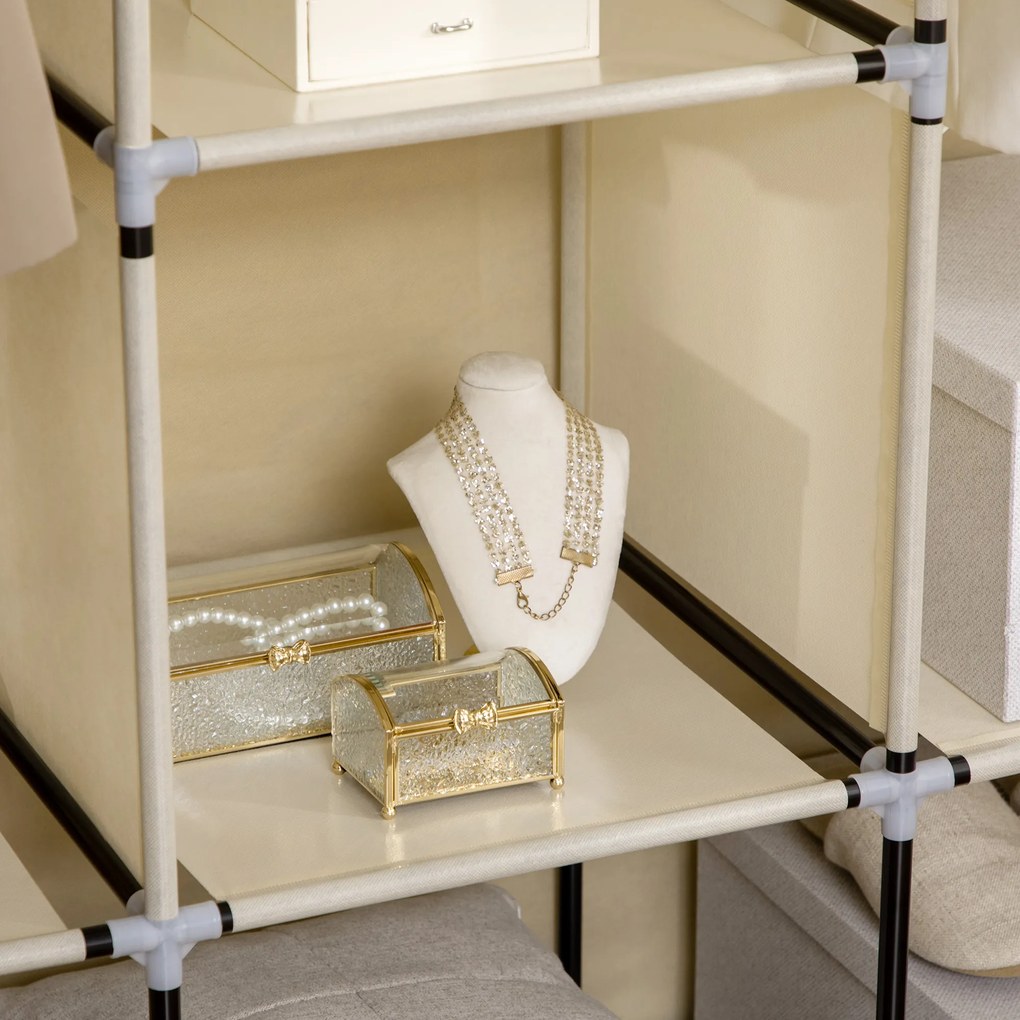 HOMCOM Υφασμάτινη ντουλάπα, λύση αποθήκευσης, 8 ράφια, 2 ράγες ρούχων, Μπεζ