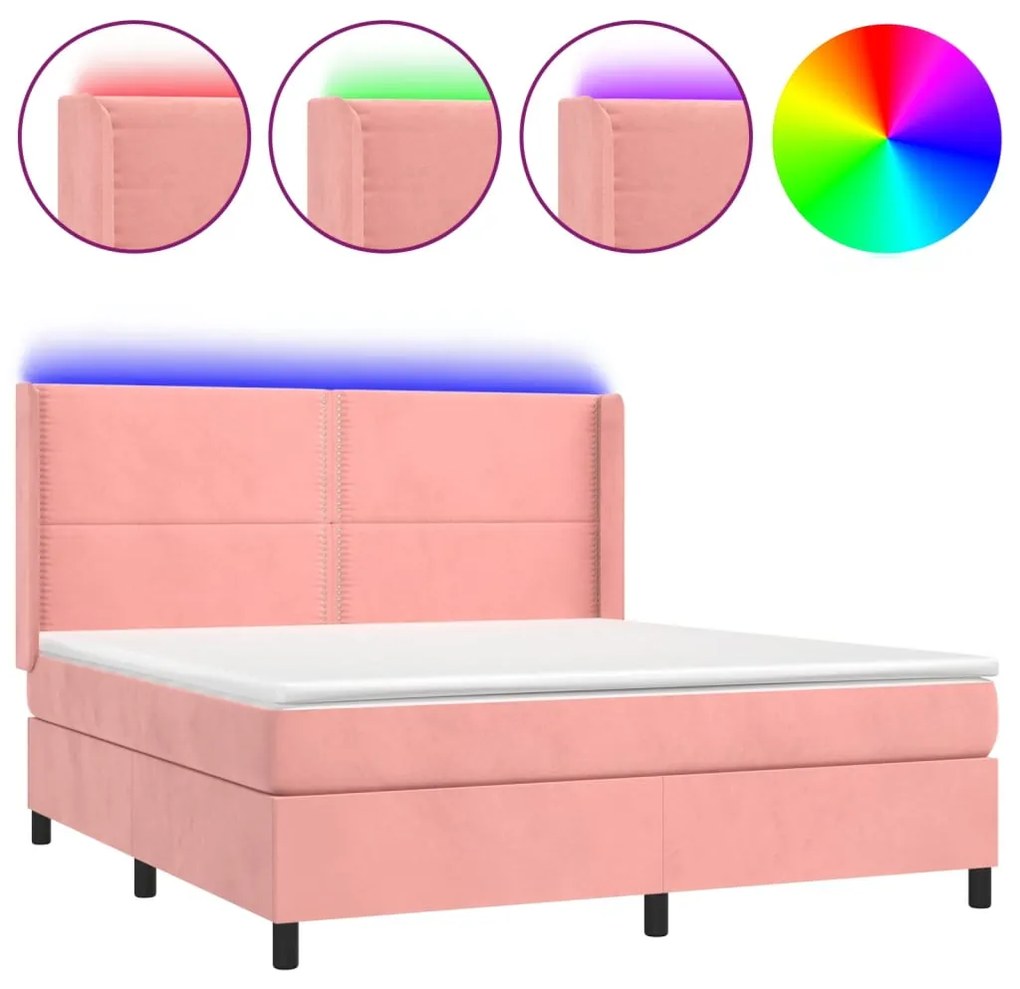 vidaXL Κρεβάτι Boxspring με Στρώμα & LED Ροζ 160x200 εκ. Βελούδινο