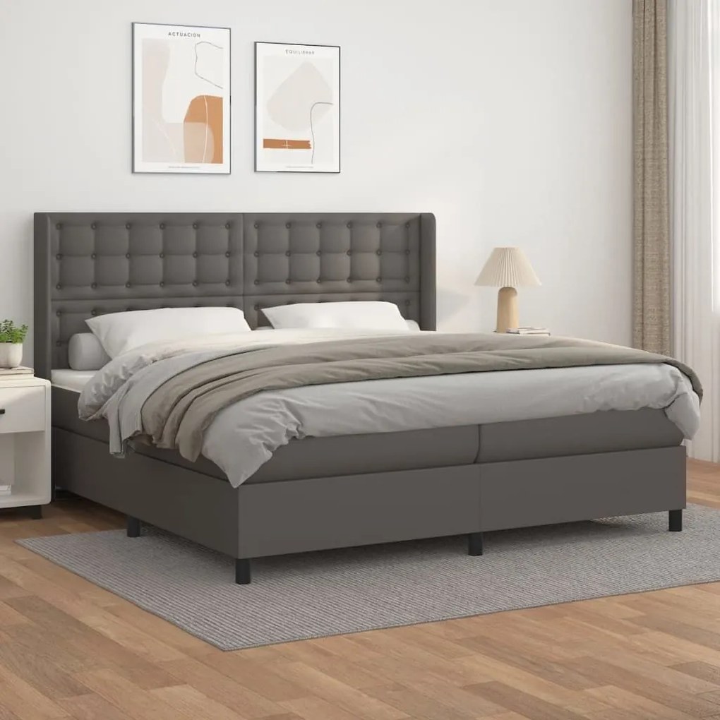 Κρεβάτι Boxspring με Στρώμα Γκρι 200x200 εκ. Συνθετικό Δέρμα - Γκρι