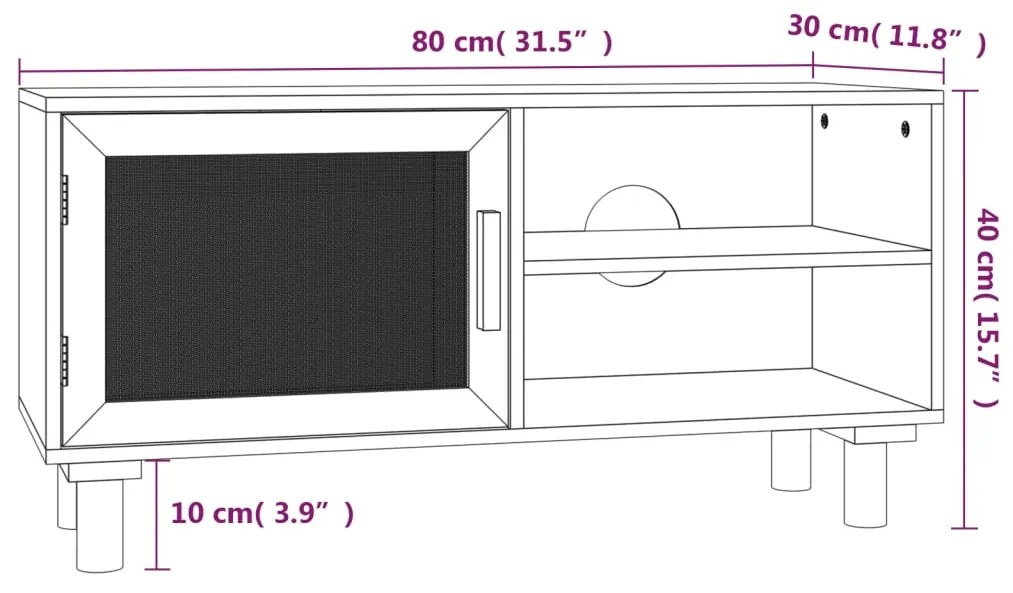 Έπιπλο Τηλεόρασης Καφέ 80x30x40 εκ. Μασίφ Πεύκο &amp; Φυσικό Ρατάν - Καφέ