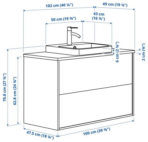 ANGSJON/BACKSJON βάση νιπτήρα με συρτάρια/νιπτήρα/μπαταρία/γυαλιστερό, 102x49x71 cm 795.141.05