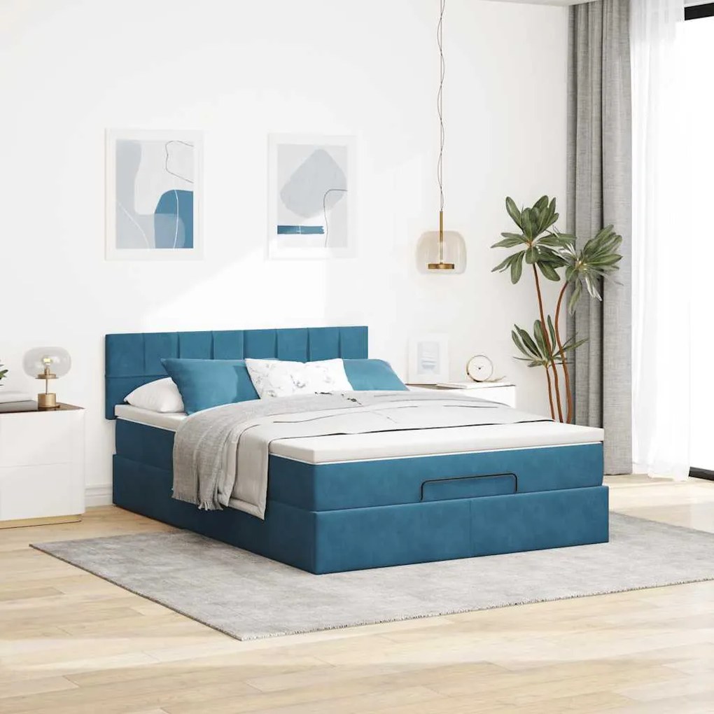 vidaXL Οθωμανικό κρεβάτι με στρώμα & LEDs Σκούρο μπλε 140x190cm Velvet