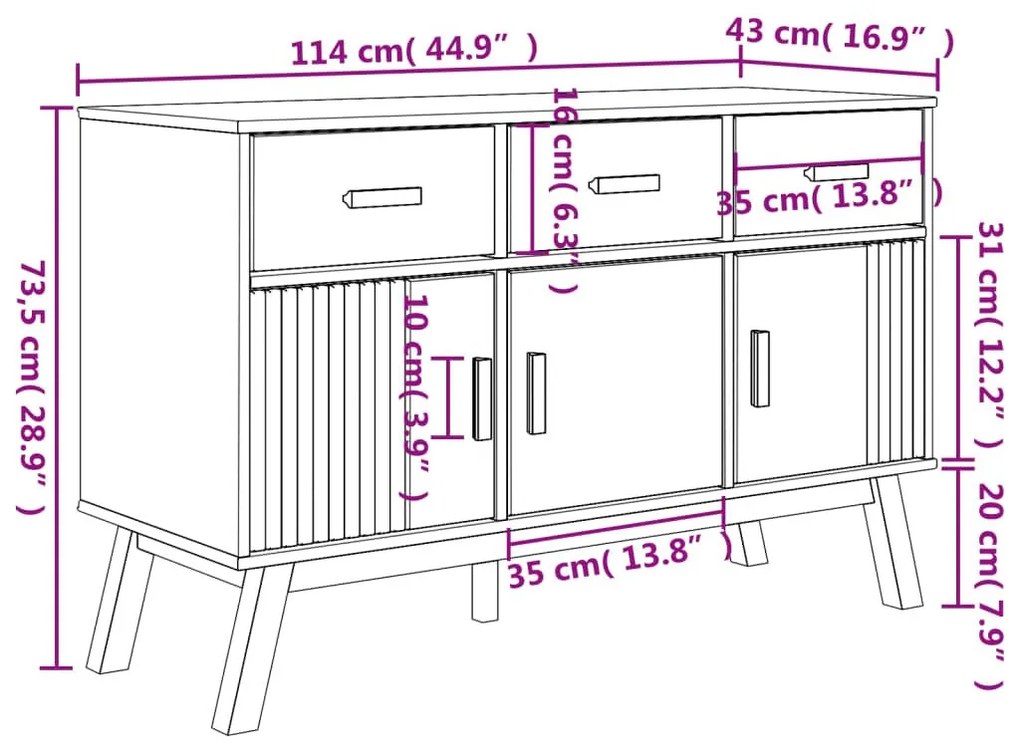 Μπουφές OLDEN Λευκό &amp; Καφέ 114x43x73,5 εκ. Μασίφ Ξύλο Πεύκου - Λευκό