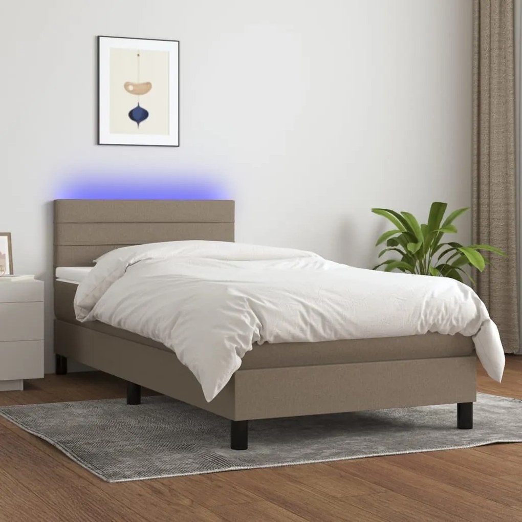 Κρεβάτι Boxspring με Στρώμα &amp; LED Taupe 90x190 εκ. Υφασμάτινο