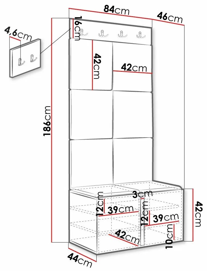 Σετ διαδρόμου Hartford 383, 186x84x46cm, Μπλε, Μαύρο, Ινοσανίδες μέσης πυκνότητας, Πλαστικοποιημένη μοριοσανίδα, Ταπισερί, Εντοιχισμένη, Τοίχου