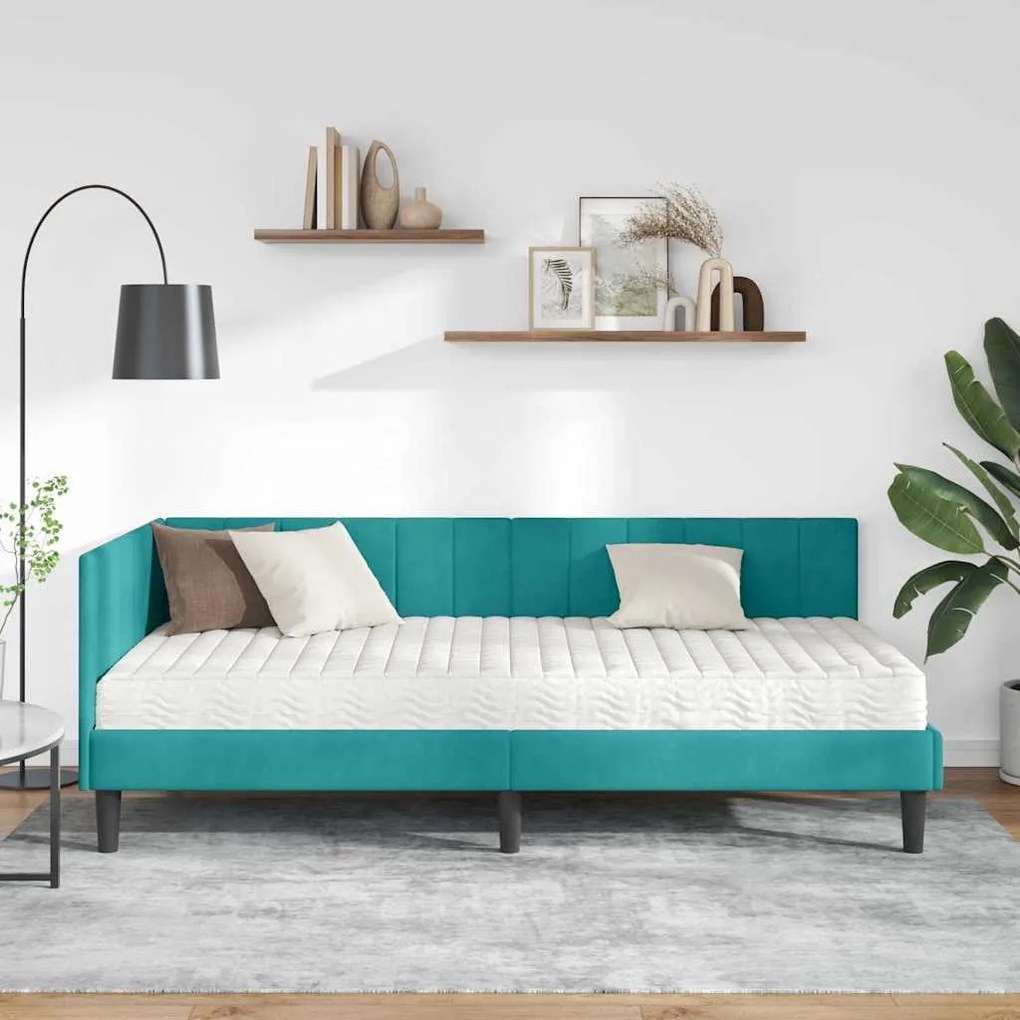 vidaXL Κρεβάτι Γωνίας με στρώμα Τιρκουάζ 90 x 200 cm Βελούδο