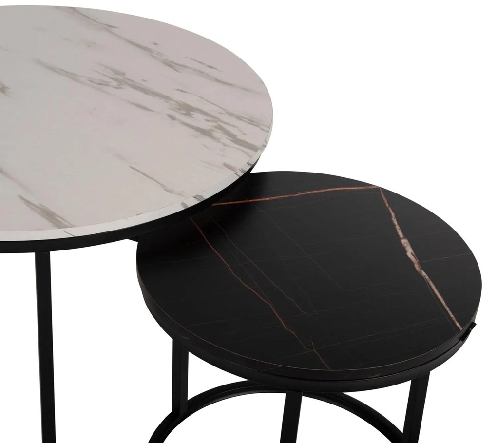 Τραπεζάκι σαλονιού C8763.14 Σετ 2 τεμ MDF Μαύρο - Λευκό Μάρμαρο και Μαύρα πόδια Φ80 και Φ48εκ. 80x80x52 εκ.