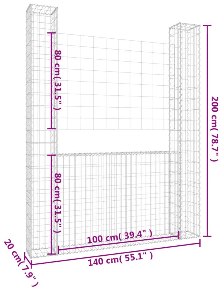 vidaXL Συρματοκιβώτιο σε U Σχήμα με 2 Στύλους 140x20x200 εκ Σιδερένιο