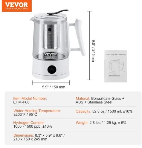 VEVOR Hydrogen Water Pitcher Generator, 1.5 L / 52.8 oz Large Capacity Hydrogen Generator Water Kettle, SPE and PEM Technology, Hydrogen Rich Water Ionizer Machine for Brewing Coffee or Tea