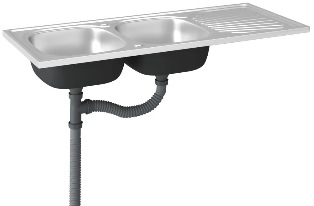 vidaXL Νεροχύτης Διπλή Γούρνα Ασημί 1200x500x155 χιλ. Ανοξείδ. Ατσάλι